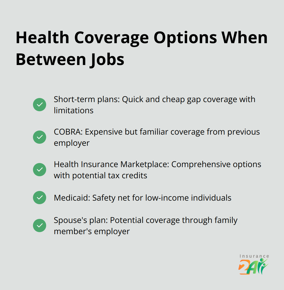 Checkmark list of health coverage options for individuals between jobs, including short-term plans, COBRA, Health Insurance Marketplace, Medicaid, and spouse's plan